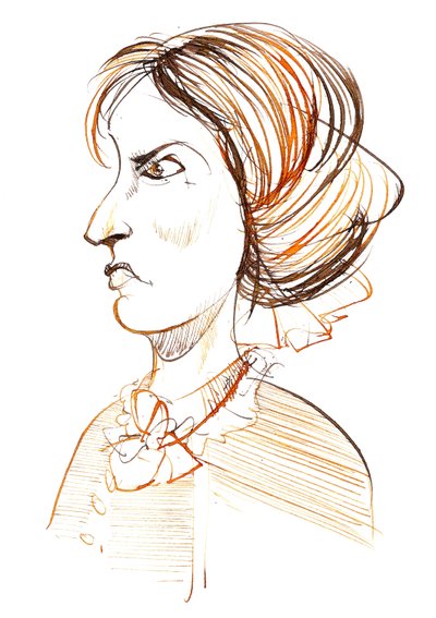 Charlotte Bronte - romanziera e poetessa inglese (1816 - 1855); caricatura di profilo da Neale Osborne